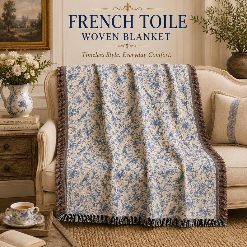 K&ouml;nnte beinhalten: Eine gewebte Decke mit franz&ouml;sischem Toile-de-Jouy-Design, mit blauen Blumen- und Vogelmustern auf cremefarbenem Hintergrund. Die Decke ist &uuml;ber ein Sofa drapiert und hat einen Fransenrand. Der Text "FRENCH TOILE WOVEN BLANKET" ist sichtbar.