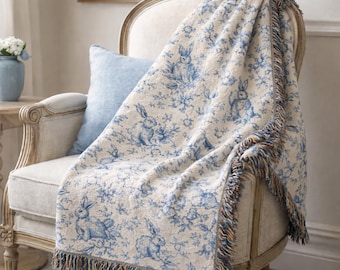 Vintage Easter Woven Blanket, Toile de Jouy Chinoiserie Throw Blanket, Easter Decor, Vintage Home Decor, Seasonal Decor, Front Porch Accent