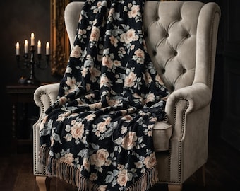 Dark Romance Gothic Woven Blanket, Floral Rose Fringe Throw, Home Decor, 3 Sizes Available