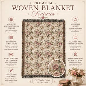May include: A woven blanket with a floral pattern in shades of pink, cream, and green. The blanket has a fringe edge and the text "Premium Woven Blanket Features" is at the top. The blanket is described as having a soft cotton blend feel.