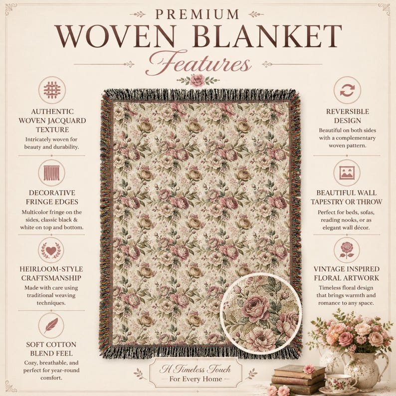 May include: A woven blanket with a floral pattern in shades of pink, cream, and green. The blanket has a fringe edge and the text "Premium Woven Blanket Features" is at the top. The blanket is described as having a soft cotton blend feel.