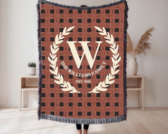 Personalized Family Name Woven Blanket, Plaid Cotton Throw with Initial & Yea