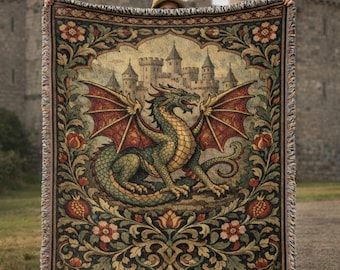 Medieval Dragon Woven Blanket, Whimsical Tapestry Throw, Medieval Decor, Whimsical Decor, Gothic Decor, 3 Sizes Available