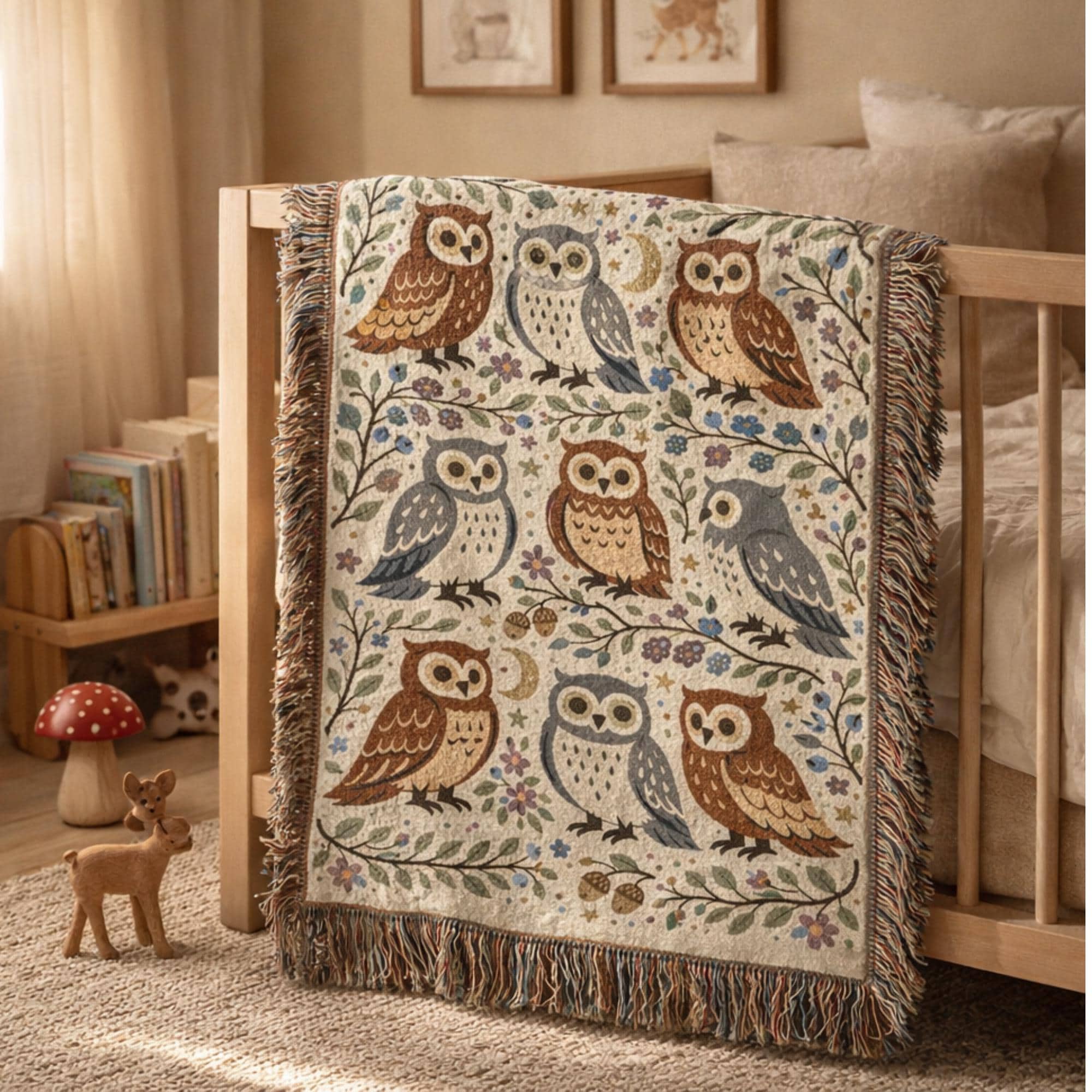 Woodland Owl Woven Blanket – Cottagecore Woodland Nursery Blanket, Vintage Tapestry Throw, Woo