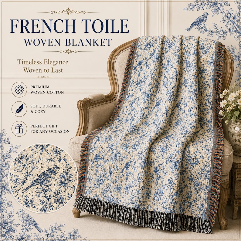 K&ouml;nnte beinhalten: Eine French Toile gewebte Decke mit blauem und wei&szlig;em Blumen- und Vogelmuster, Fransen an den R&auml;ndern, drapiert &uuml;ber einem Stuhl. Der Text auf dem Bild lautet "French Toile Woven Blanket".