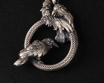 Silver Odin Raven Necklace, 925 Sterling Norse Pendant, Viking Mythology Jewelry