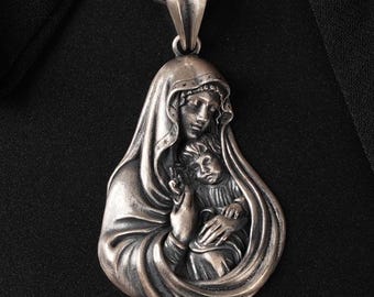 Silver Virgin Mary and Jesus Necklace, 925 Sterling Madonna Pendant, Christian Religious Jewelry