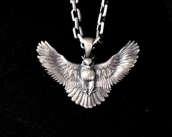 Silver Flying Owl Necklace, 925 Sterling Celtic Pendant, Spiritual Animal Jewelry