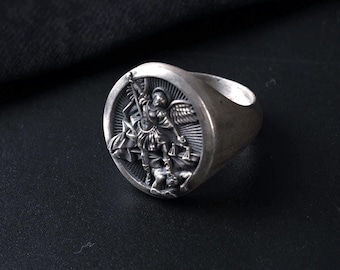 Silver Saint Michael Ring, 925 Archangel Signet Ring for Men, Christian Jewelry Gift