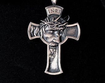 Silver Jesus Face Crucifix Necklace, 925 Sterling INRI Cross Pendant, Christian Religious Jewelry