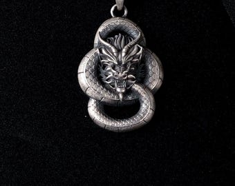 Silver Serpent Dragon Necklace, 925 Sterling Mythology Pendant, Gothic Fantasy Jewelry