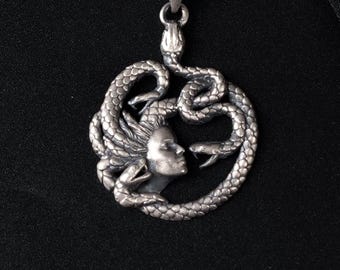 Silver Medusa Snake Necklace, 925 Sterling Mythology Pendant, Gothic Gorgon Jewelry