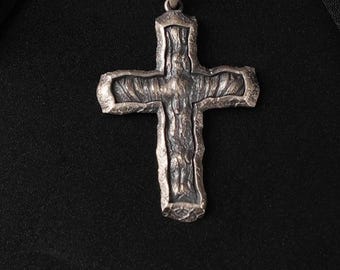 Silver Textured Crucifix Necklace, 925 Sterling Rustic Cross Pendant, Christian Faith Jewelry