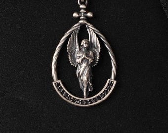 Silver Guardian Angel Necklace, 925 Sterling Praying Pendant, Christian Protection Jewelry