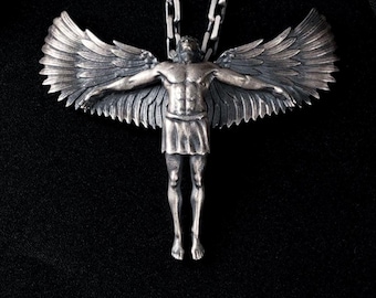 Silver Guardian Angel Necklace, Handmade Winged Angel Pendant for Men, Christian Religious Jewelry, Protection and Faith Gift