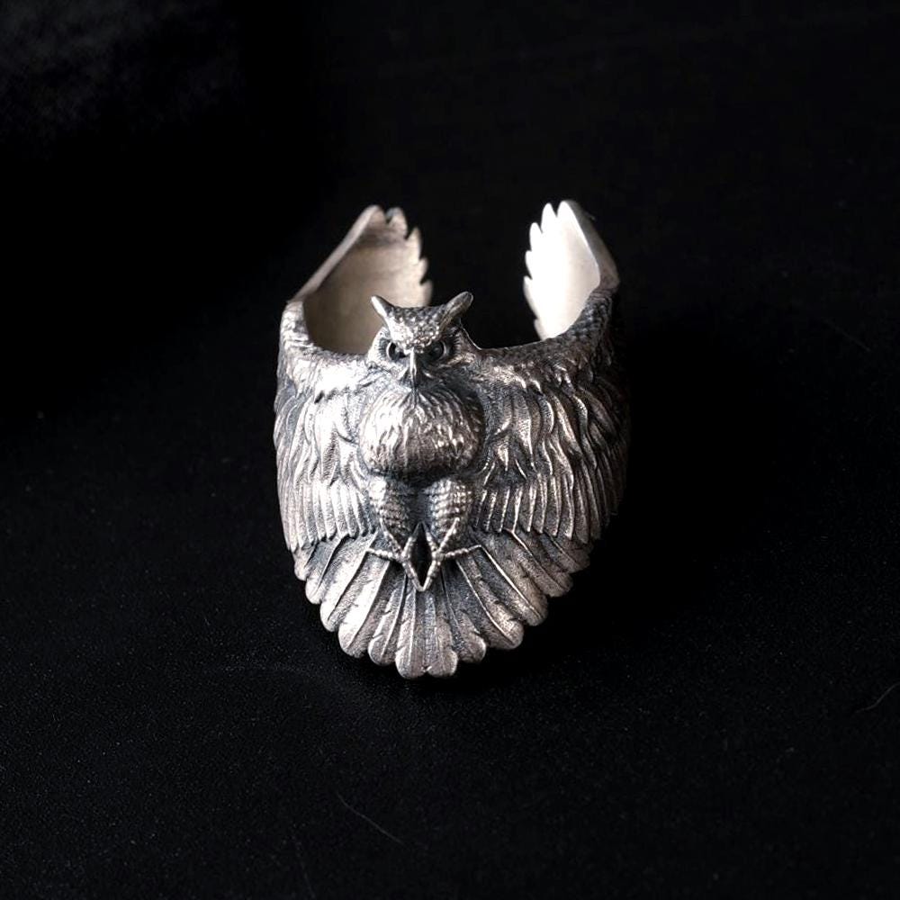 Silver Owl Ring, Gothic 925 Sterling Band, Nature Inspired Animal Jewelry