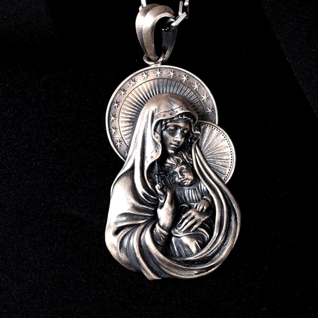 Silver Virgin Mary and Jesus Necklace, 925 Sterling Madonna Pendant ...