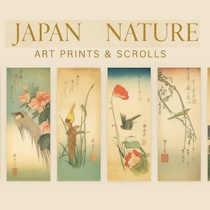 Puede incluir: Una colección de seis grabados y rollos de arte japonés sobre la naturaleza. Cada grabado presenta una escena diferente de aves y flores en un estilo tradicional, con colores suaves y detalles delicados. El texto "JAPAN NATURE ART PRINTS & SCROLLS" está en la parte superior.