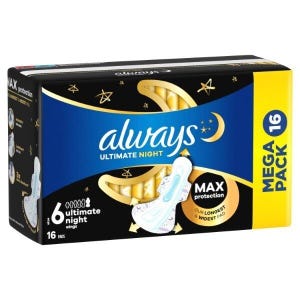 Puede incluir: Caja de compresas Always Ultimate Night. El empaque es negro, azul y amarillo, con el logotipo de Always y la información del producto. Indica "MAX protection" y "MEGA PACK 16". Las compresas son para uso nocturno.