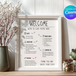 Plantilla imprimible para alquileres vacacionales de Airbnb (editable en Canva) Plantilla editable de cartel de bienvenida de Airbnb Libro de visitas Libro de visitas minimalista Póster de llegada de huéspedes