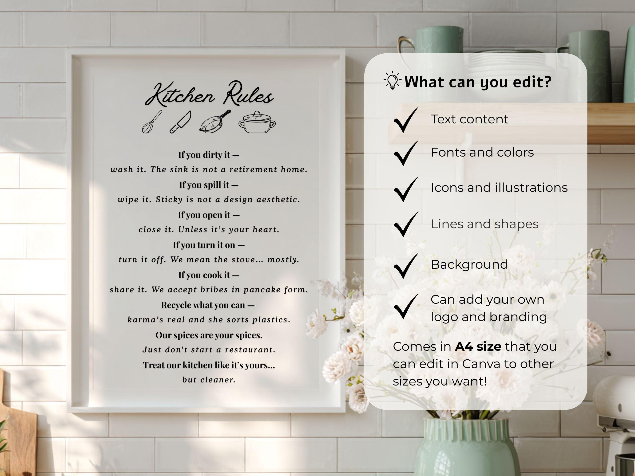 Editable Kitchen Rules Sign Printable Kitchen Rules Poster Funny ...