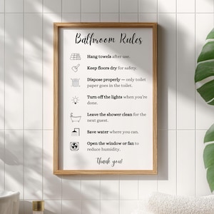 Plantilla de letrero con reglas de baño, reglas de baño editables, imprimibles en Canva, decoración de pared de baño editable en PDF, reglas de casa de alquiler vacacional, minimalistas