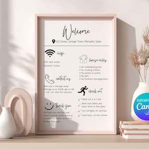 Airbnb Welcome Sign Template Editable Airbnb Guest Book Canva Editable Guest Arrival Poster Vacation Rental Printable House Rules Minimalist
