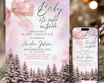 Blush Pink Bow Baby Shower Invitation, Editable Canva Template (Digital Download)