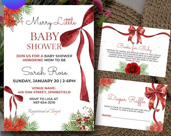 Peut inclure: Ensemble de faire-part de baby shower avec un nœud rouge et des motifs floraux. L'invitation principale indique "A Merry Little Baby Shower" avec les détails de la baby shower de Sarah Rose. Comprend une carte "Books for Baby" et une carte "Diaper Raffle".
