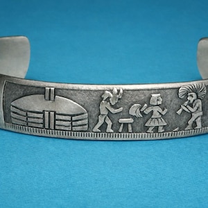 Vintage Hopi Sterling Silver Cuff Bracelet – 12K Gold Overlay, Pueblo Dancers, Turquoise Inlay