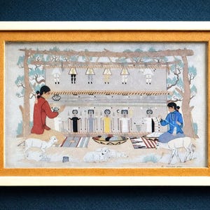 Vintage Harrison Begay Offset Print – Two Women Weaving, Southwestern Native Art, c. 1980s