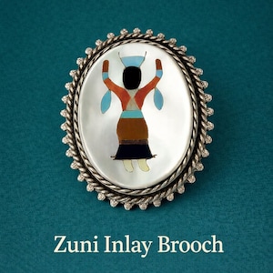 Vintage Zuni Inlay Brooch • Turquoise & Shell Dancer • Sterling Silver