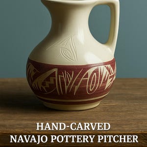 May include: Cream-colored hand-carved Navajo pottery pitcher with a handle. The pitcher features a maroon band with a sgraffito design and is 7 inches tall. The text on the image says "HAND-CARVED NAVAJO POTTERY PITCHER".