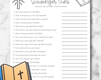 May include: A white sheet of paper with a "Books of the Bible Scavenger Hunt" game. The game includes questions about the Bible. There are illustrations of a cross and an open book with a cross on the cover.