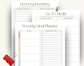 Printable Weekly Meal Planner & Grocery Shopping List, Menu Planner, Kitchen Inventory, Food Inventory, Family Meal Plan
