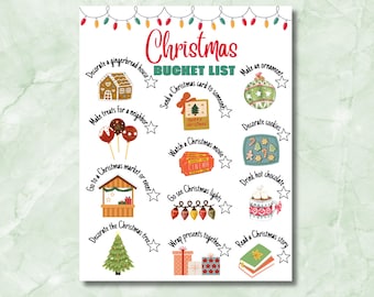 Può includere: Un poster festivo della lista dei desideri di Natale con illustrazioni colorate. L'elenco include attività come decorare una casa di pan di zenzero, preparare dolcetti, guardare un film e incartare regali. Il titolo "Christmas Bucket List" è in rosso.