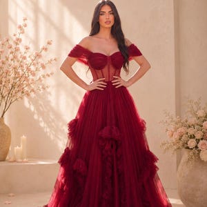 red corset dress with tutu Red Straps Illusion Corset Tulle A-line Formal Dress