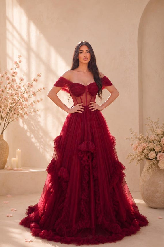 Women's Long Tulle Party Dress, Elegant Off-shoulder Dress, Sheer Corset, Princess Dress, Romantic Ball Gown, Max