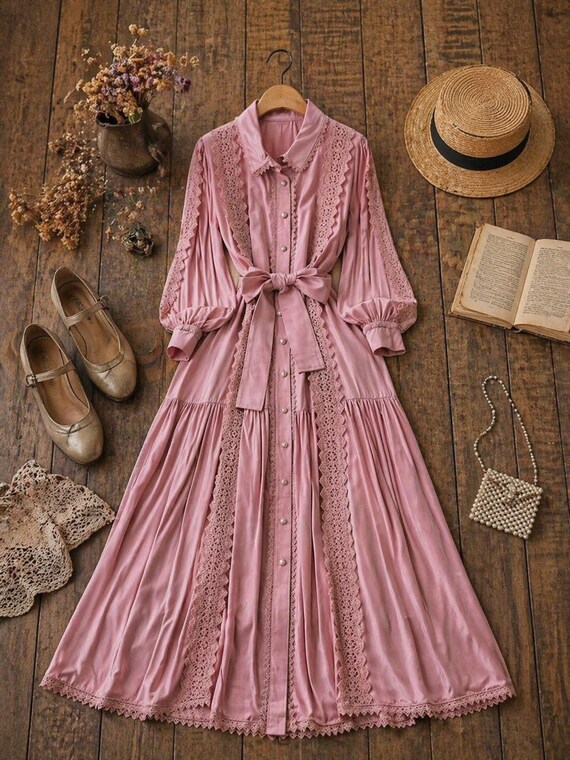 women's vintage boho dresses Maxi Dress, Long Lace Dress With Long Sleeves, Victorian Cottagecore Style, Elegant Dress With Belt Color::#15-Lavender Pink and unmistakably vintage styleattribute-denim Ruffle A Line Midi