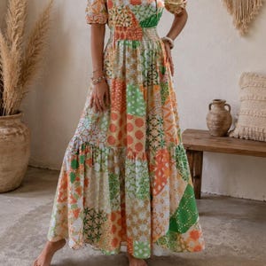 Vestido Largo Boho Patchwork para Mujer | Vestido Maxi Estampado Geométrico | Vestido Bohemio Verano | Cintura Elástica
