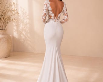 Elegant Mermaid Wedding Dress with Floral Lace and Long Sleeves, Fitted Bridal Dress, Romantic Wedding Dress with Train, Wedding Ceremony