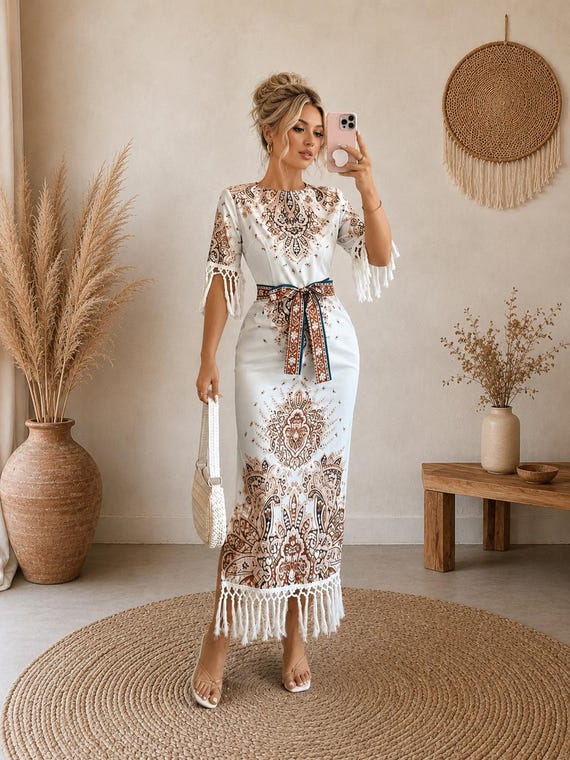 boho chic fringe dress Bohemian Long Dress, Paisley for Women, Hippie Dress, Fashion, Vacation Outfit Coachella) upload-20240804 Bella Hadid Turns Heads Size1:XL