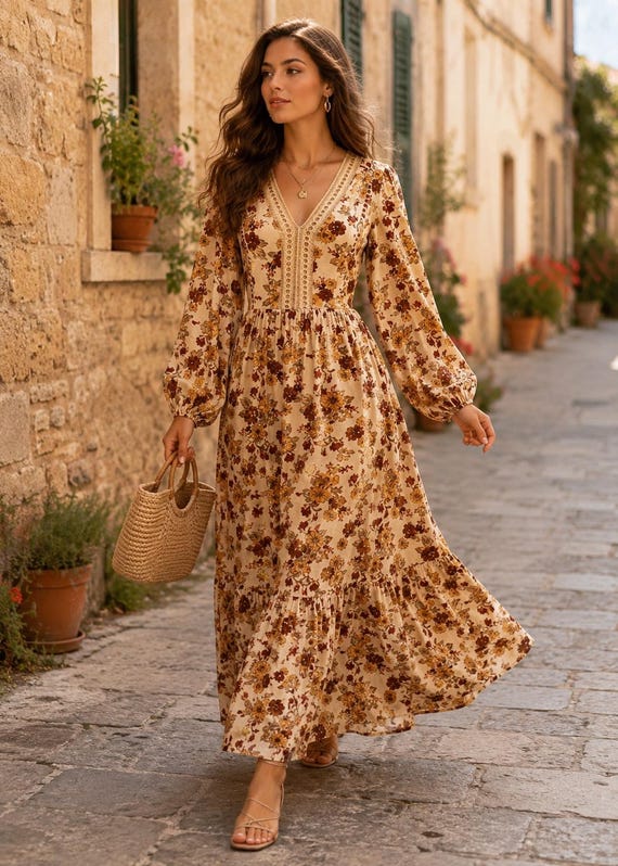 autumn boho dresses Buy Women's Long Viscose Dress – Romantic Floral Long Sleeve Dress, Elegant Boho Chic Maxi Dress for and Spring Online in India sp26 Petal and Pup Women's Size:US 8Y length flutter skirt