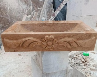 Handmade Travertine Vessel Sink, Natural Stone Bathroom Basin, Luxury Square Vanity Sink