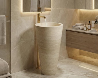Luxury Travertine Barrel Sink – Freestanding Natural Stone Pedestal Bathroom Basin – Modern Spa Style