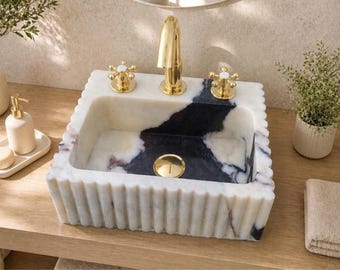 Hand Carved Marble Sink Black White, Luxury Vessel Sink, Unique Bathroom Vanity Basin