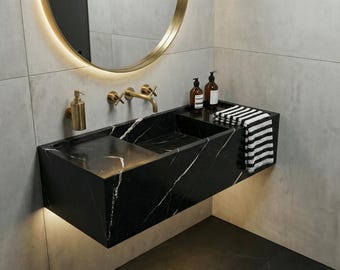 Black Marble Vessel Sink – Handmade Modern Bathroom Basin with White Veins, Luxury Stone Washbasin