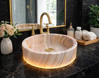 Luxury Oval Onyx Vessel Sink – Handmade Natural Stone Bathroom Vanity Basin – Elegant Countertop Washbasin