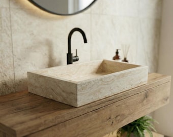 Lavabo de travertino hecho a mano - Lavabo de piedra de travertino a medida