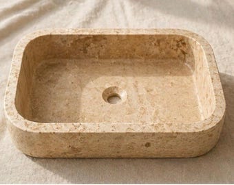 Handmade Beige Travertine Marble Sink, Natural Stone Bathroom Basin